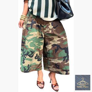 Plus Size Wide Leg Cargo Jeans Cropped Harem Denim Pants Elastic Waist